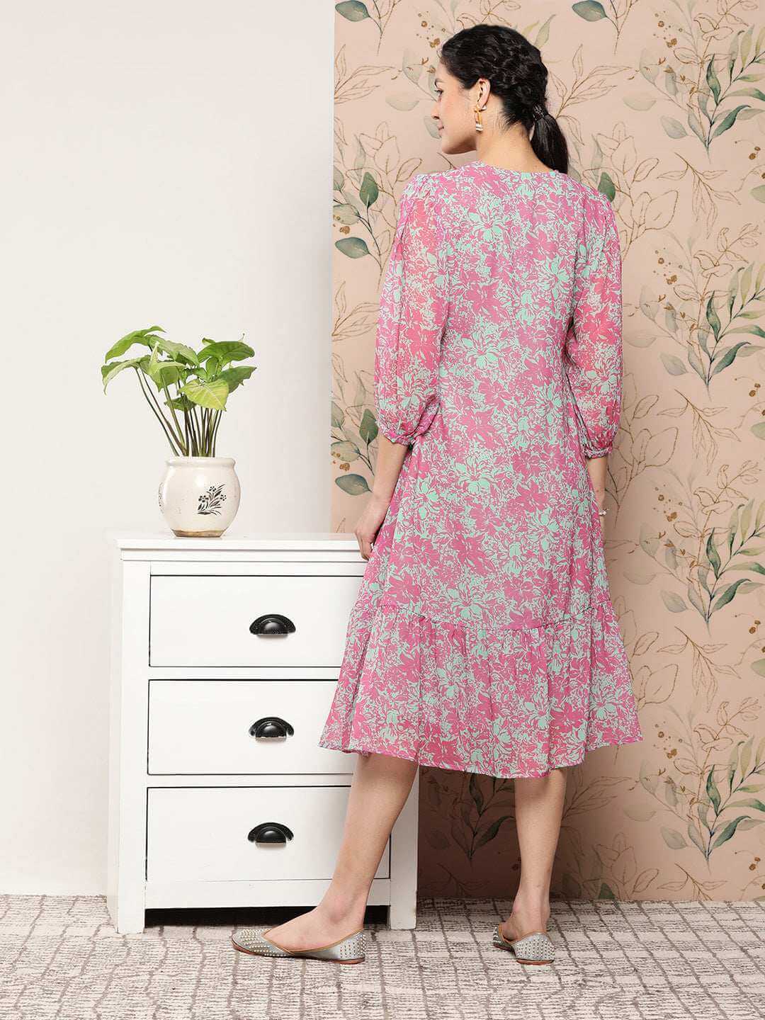 Pink Georgette Floral A-line Western Dress