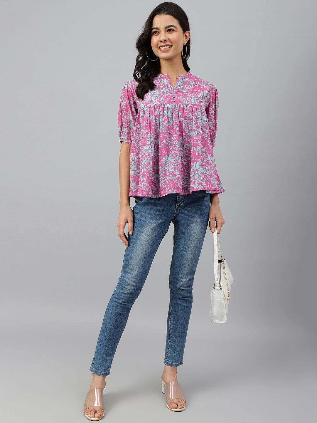 Women's-Pink-Georgette-Digital-Print-Flared-Top