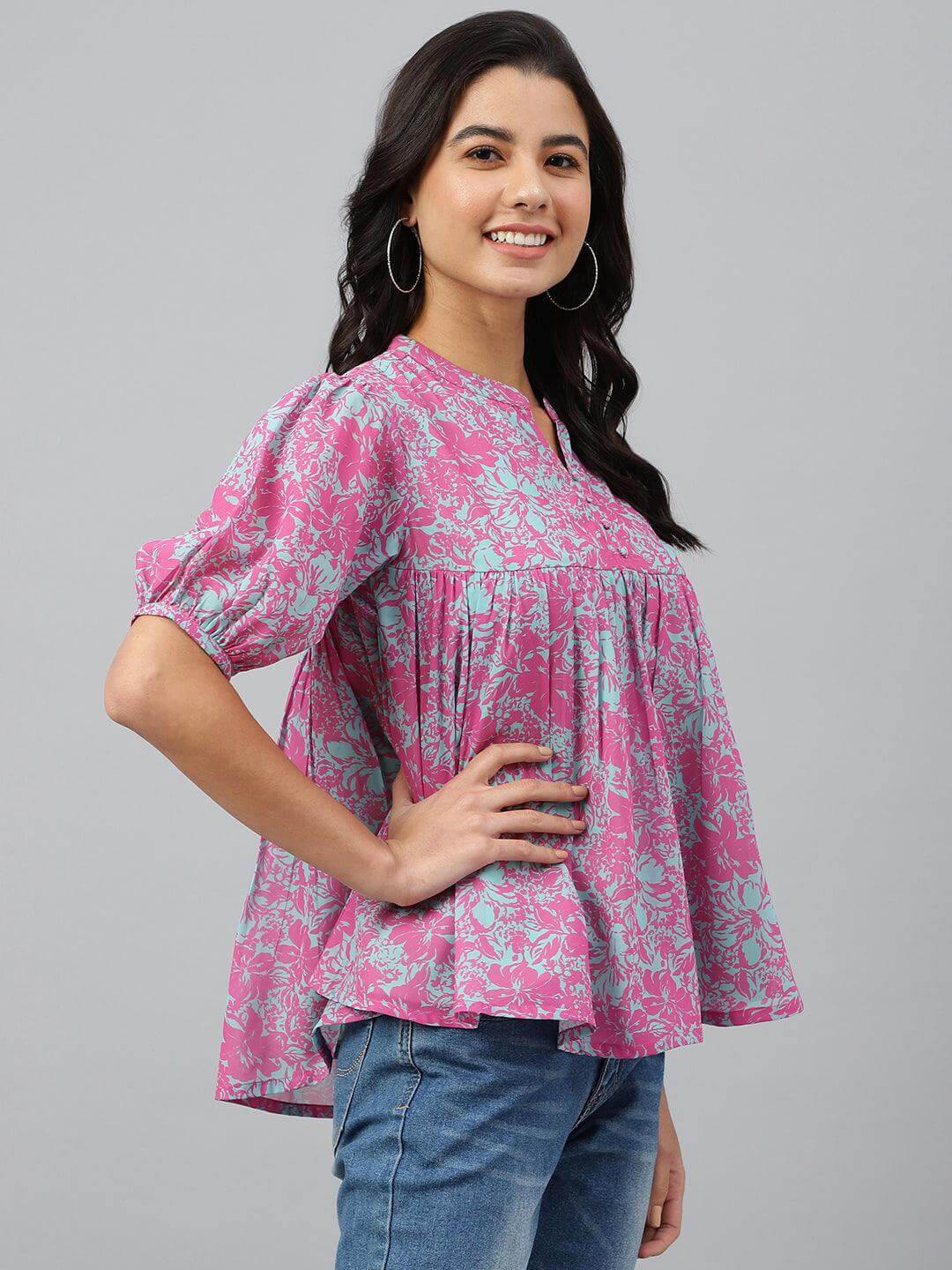 Women's-Pink-Georgette-Digital-Print-Flared-Top