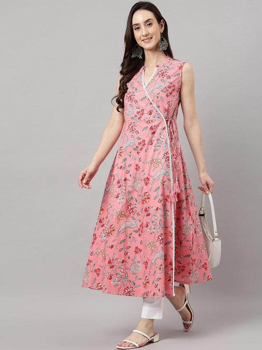 Women's Pink Cotton Floral Print Angrakha Kurta