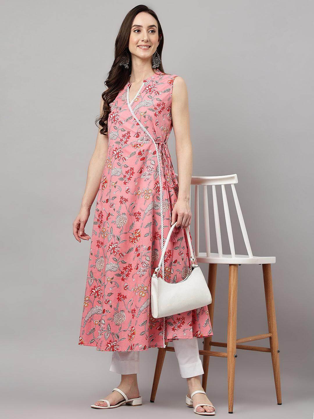 Women's Pink Cotton Floral Print Angrakha Kurta