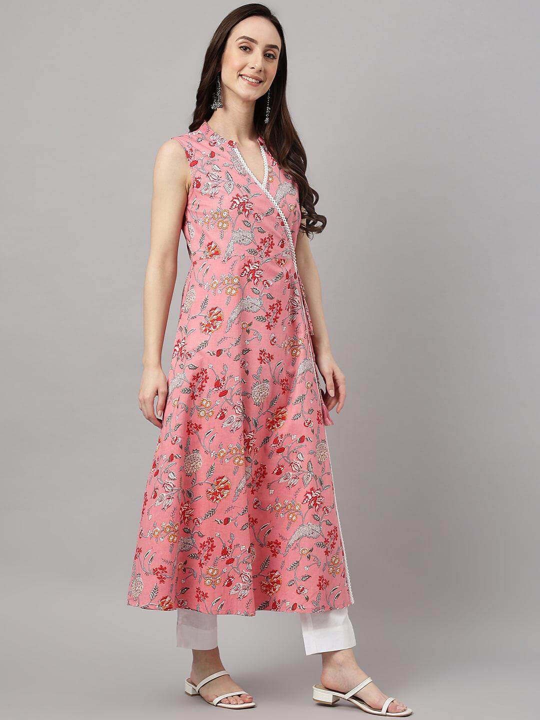 Women's Pink Cotton Floral Print Angrakha Kurta