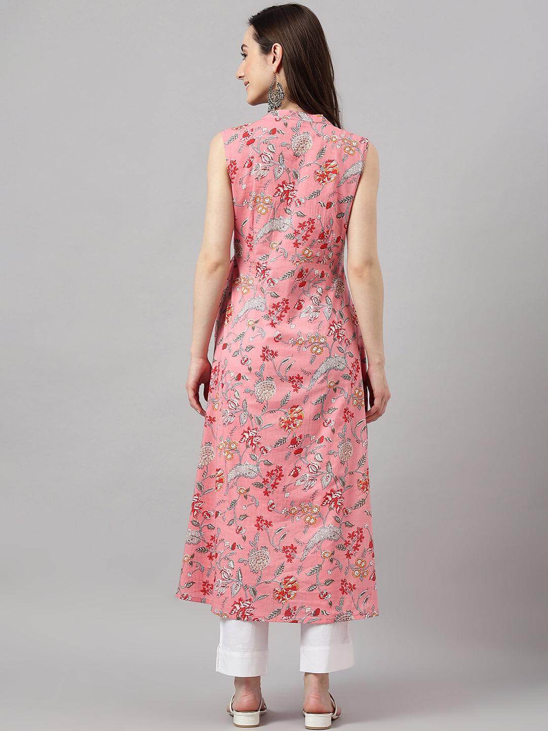 Women's Pink Cotton Floral Print Angrakha Kurta