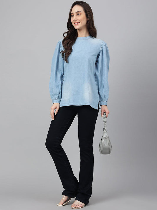 Light Blue Denim Solid Regular Top