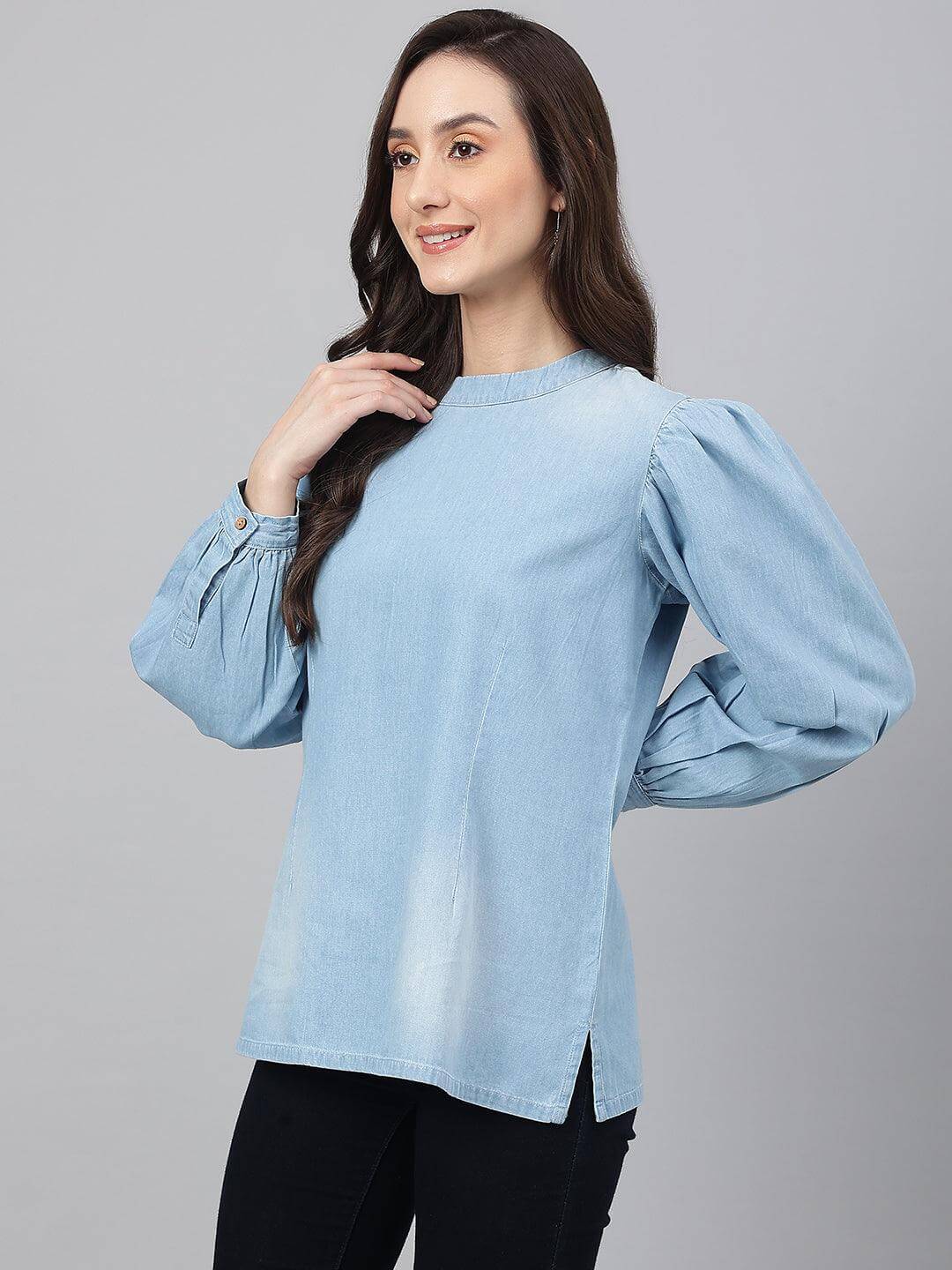 Light Blue Denim Solid Regular Top