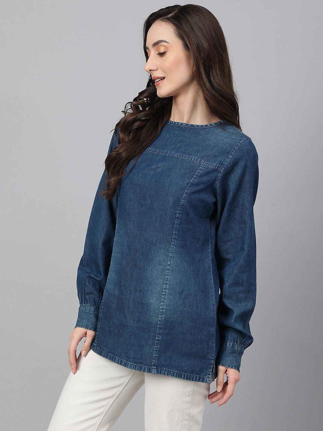 Dark Blue Denim Solid Regular Top