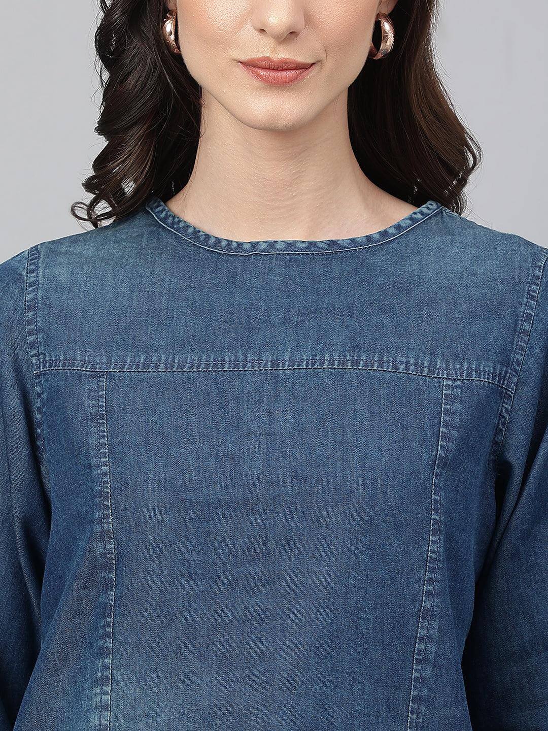 Dark Blue Denim Solid Regular Top