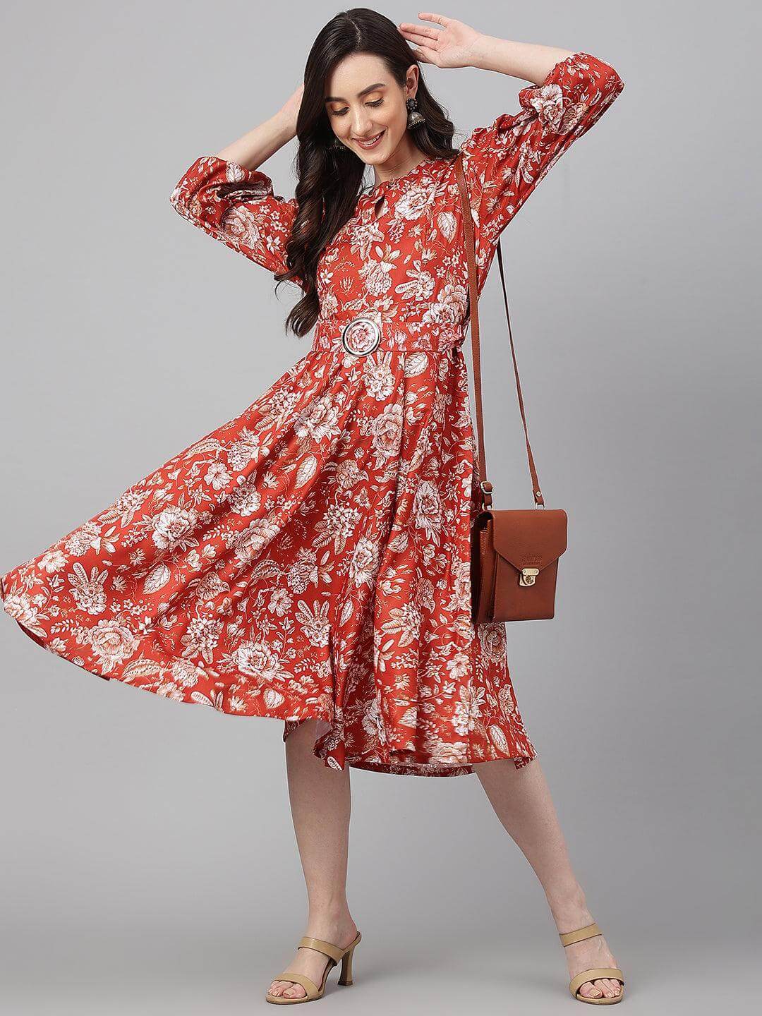 Rust Crepe Digital Print Flared Western Dress