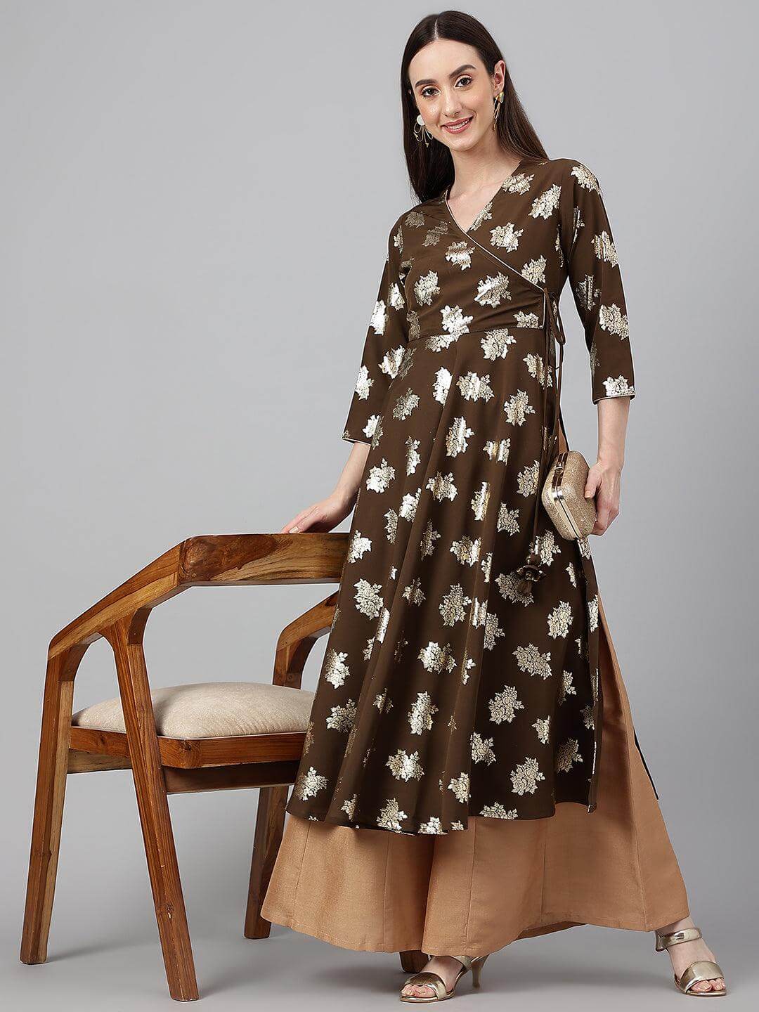 Olive Crepe Foil Print Angrakha Kurta