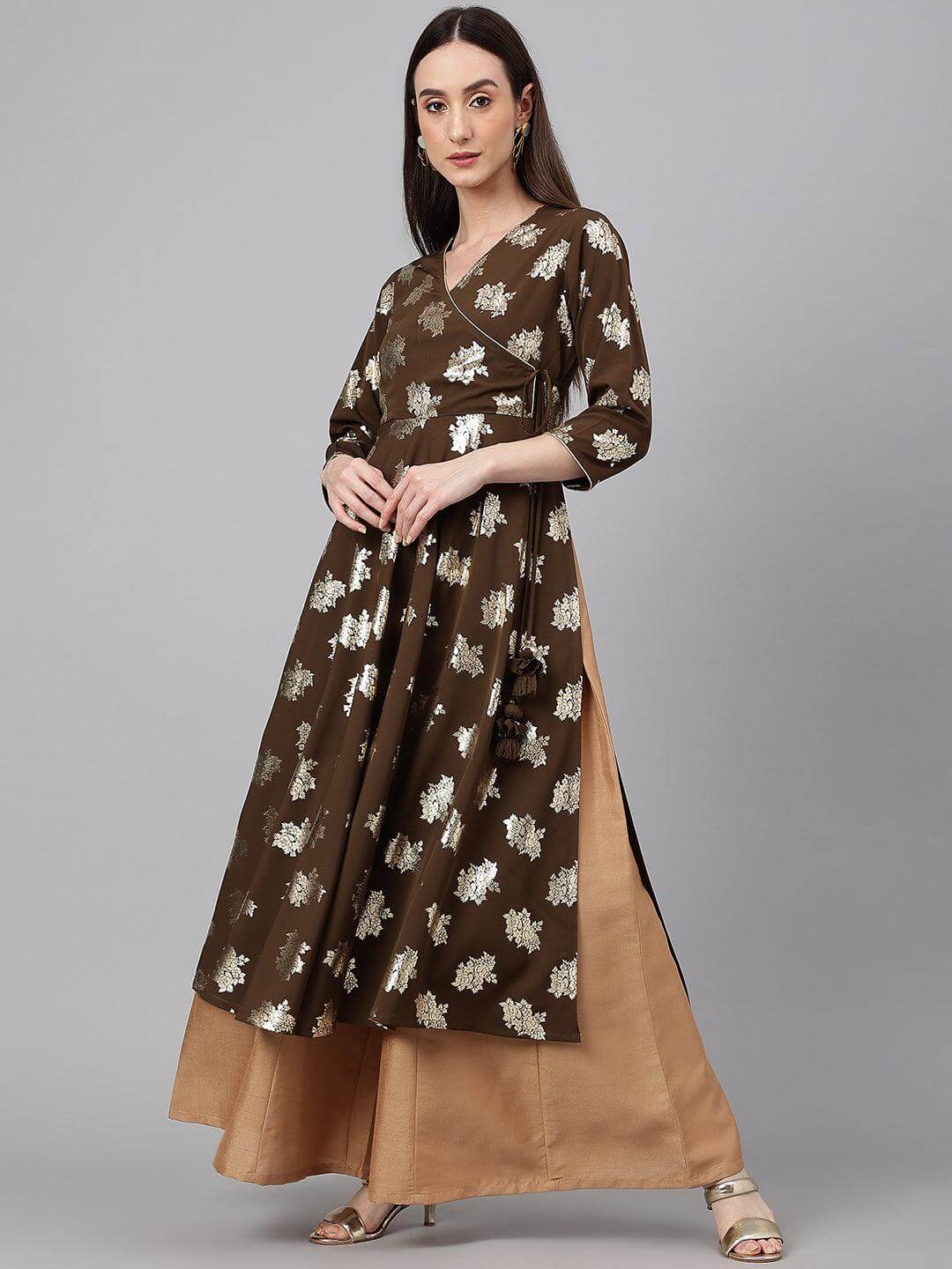 Olive Crepe Foil Print Angrakha Kurta