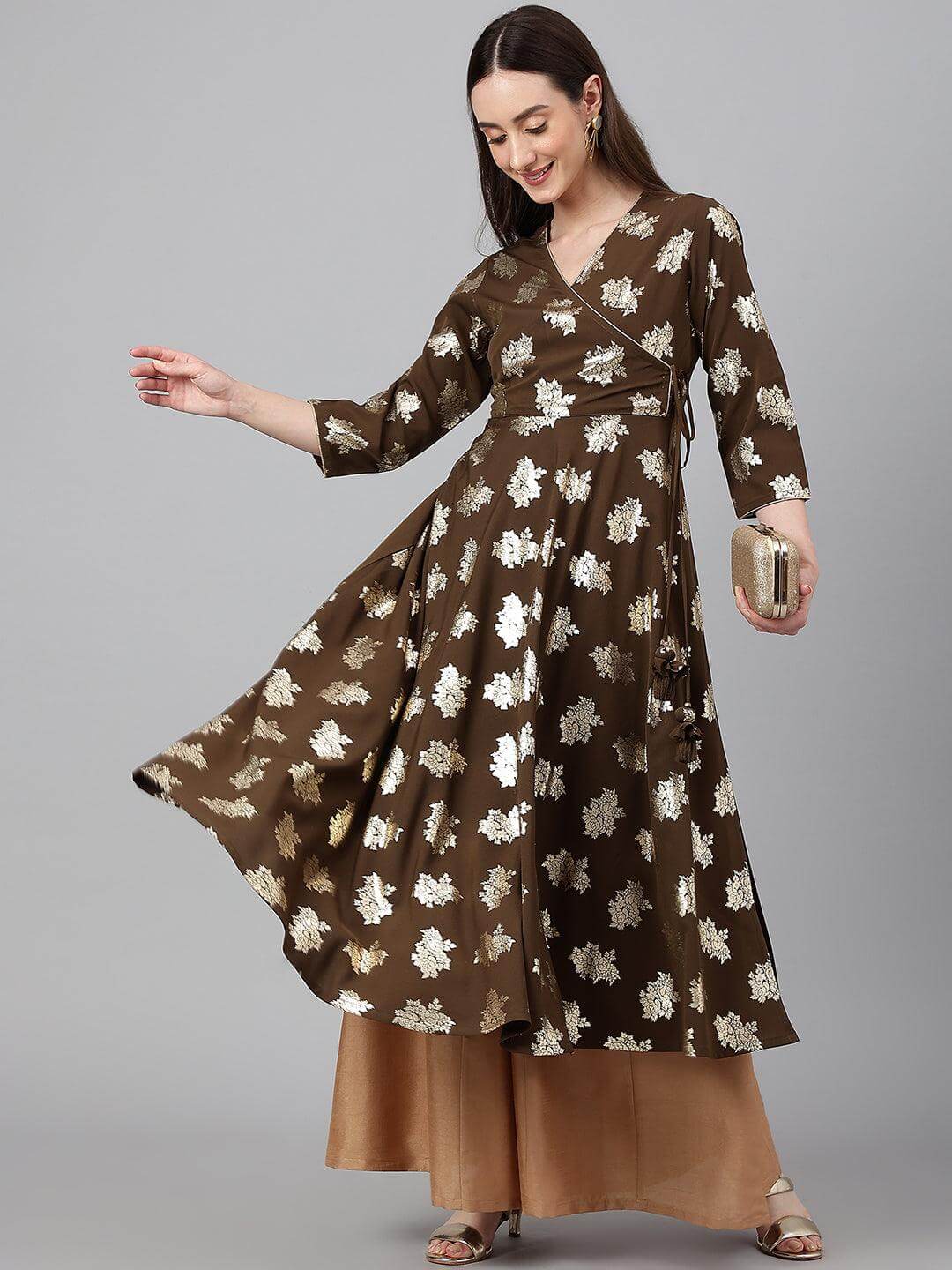 Olive Crepe Foil Print Angrakha Kurta