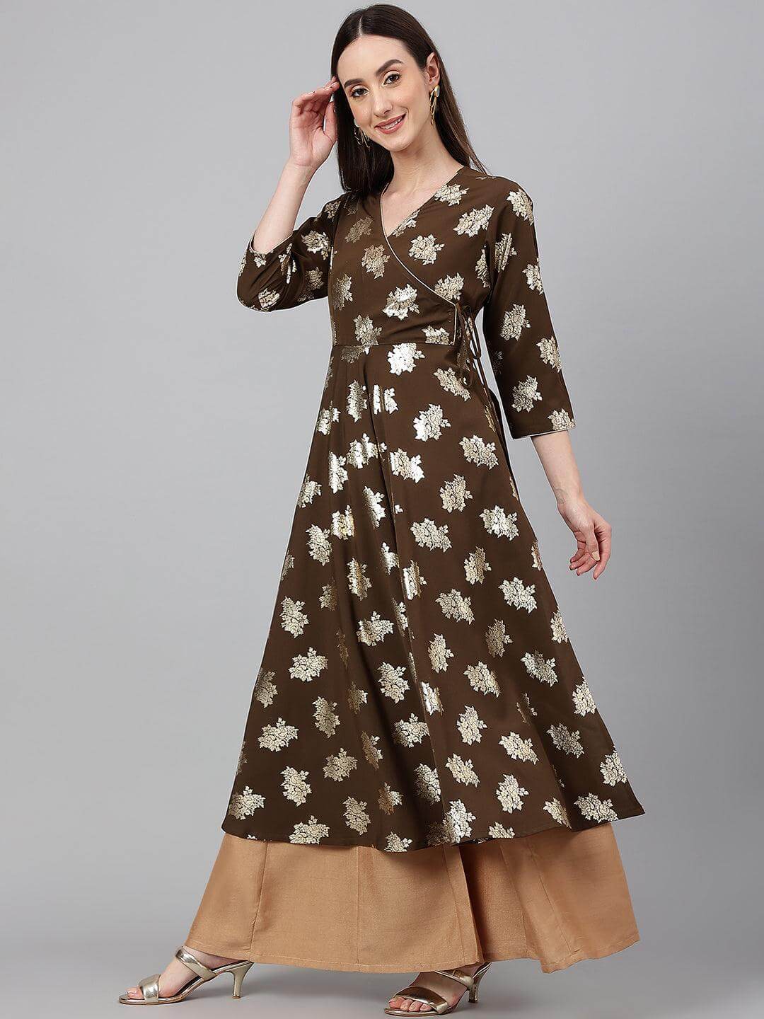 Olive Crepe Foil Print Angrakha Kurta