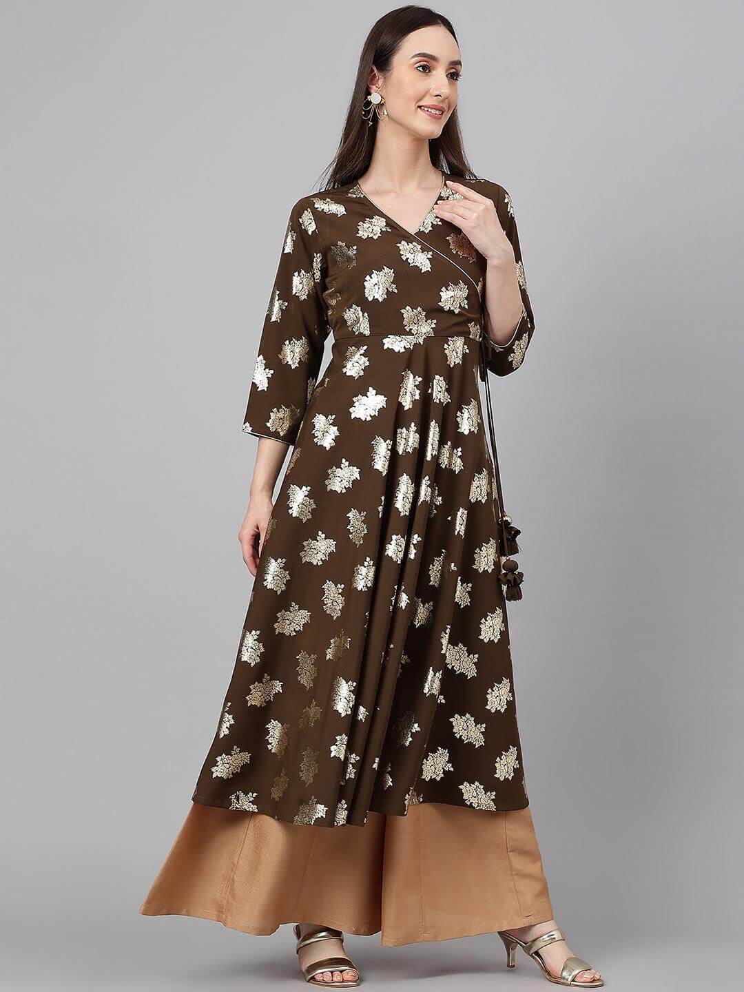 Olive Crepe Foil Print Angrakha Kurta