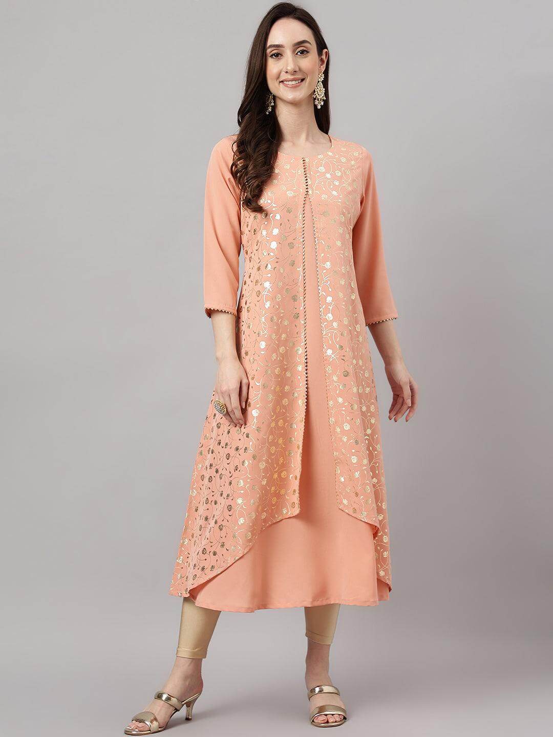 Women's Peach Crepe Foil Print Frontslit Kurta