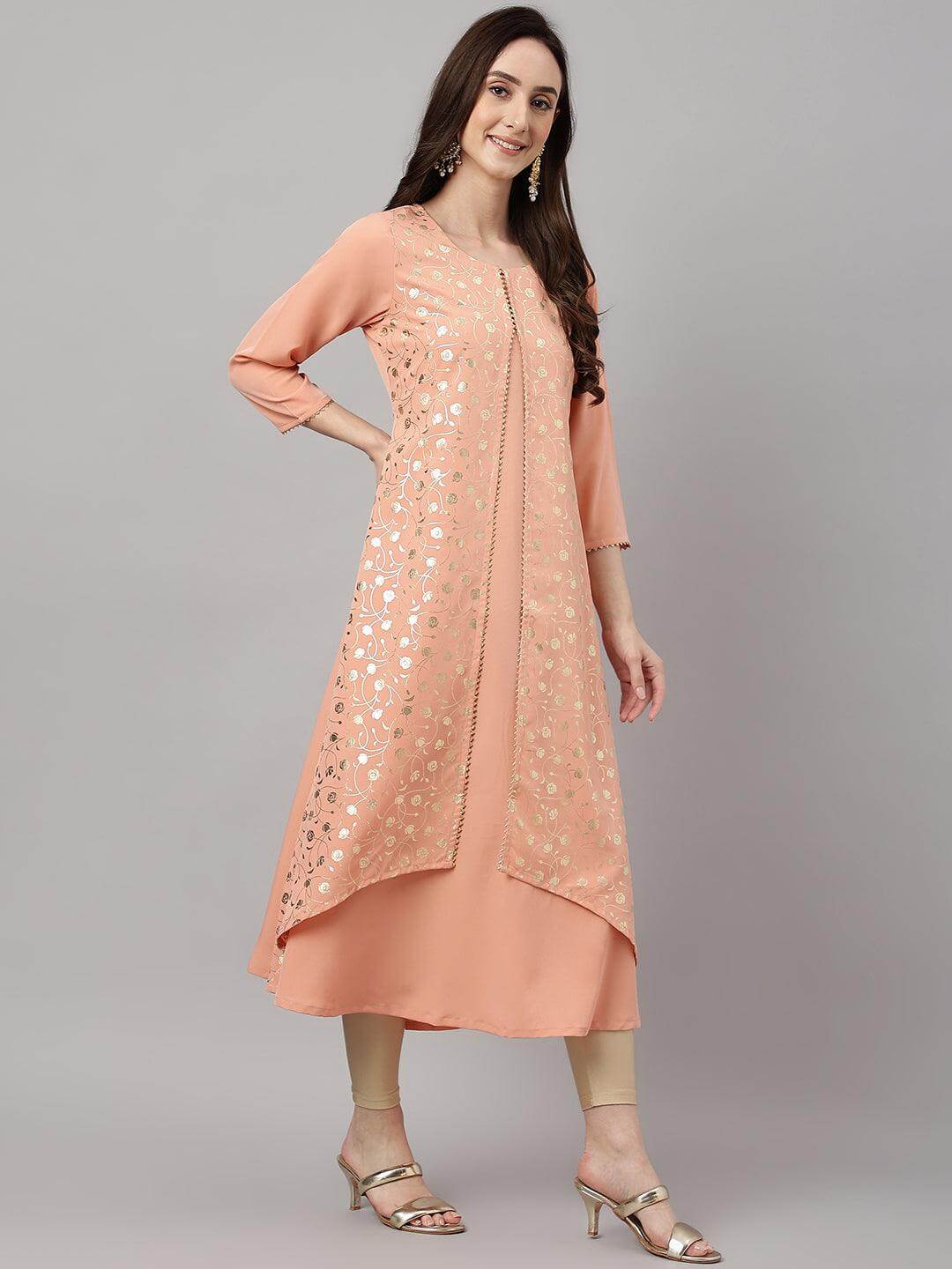 Women's Peach Crepe Foil Print Frontslit Kurta