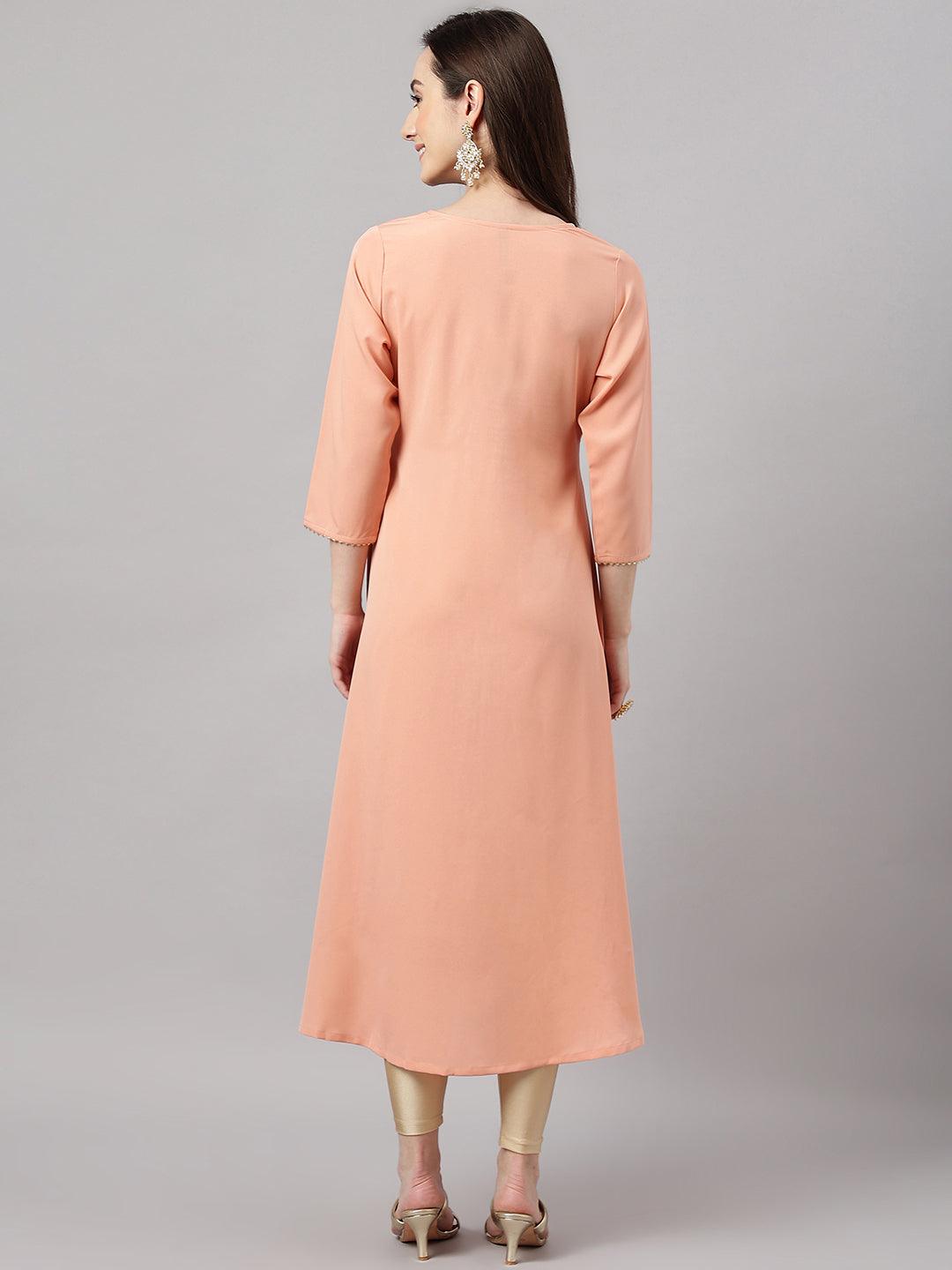 Women's Peach Crepe Foil Print Frontslit Kurta
