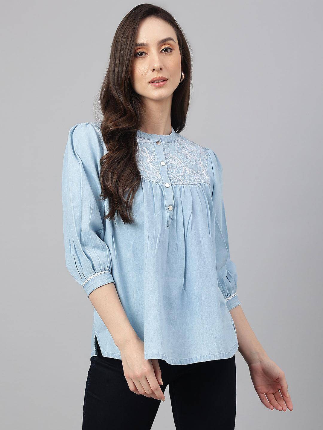 Light Blue Denim Embroidered Flared Top