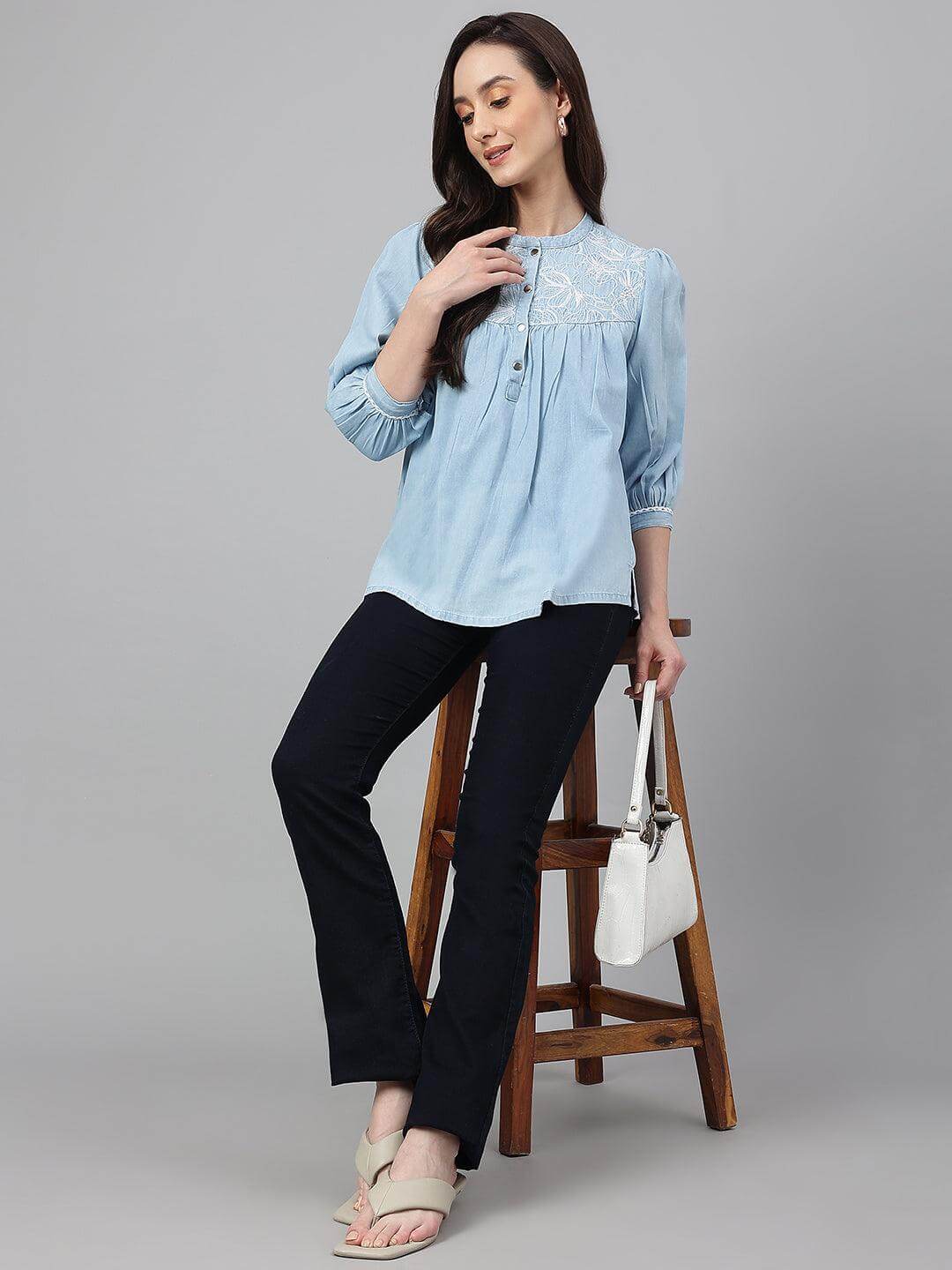 Light Blue Denim Embroidered Flared Top