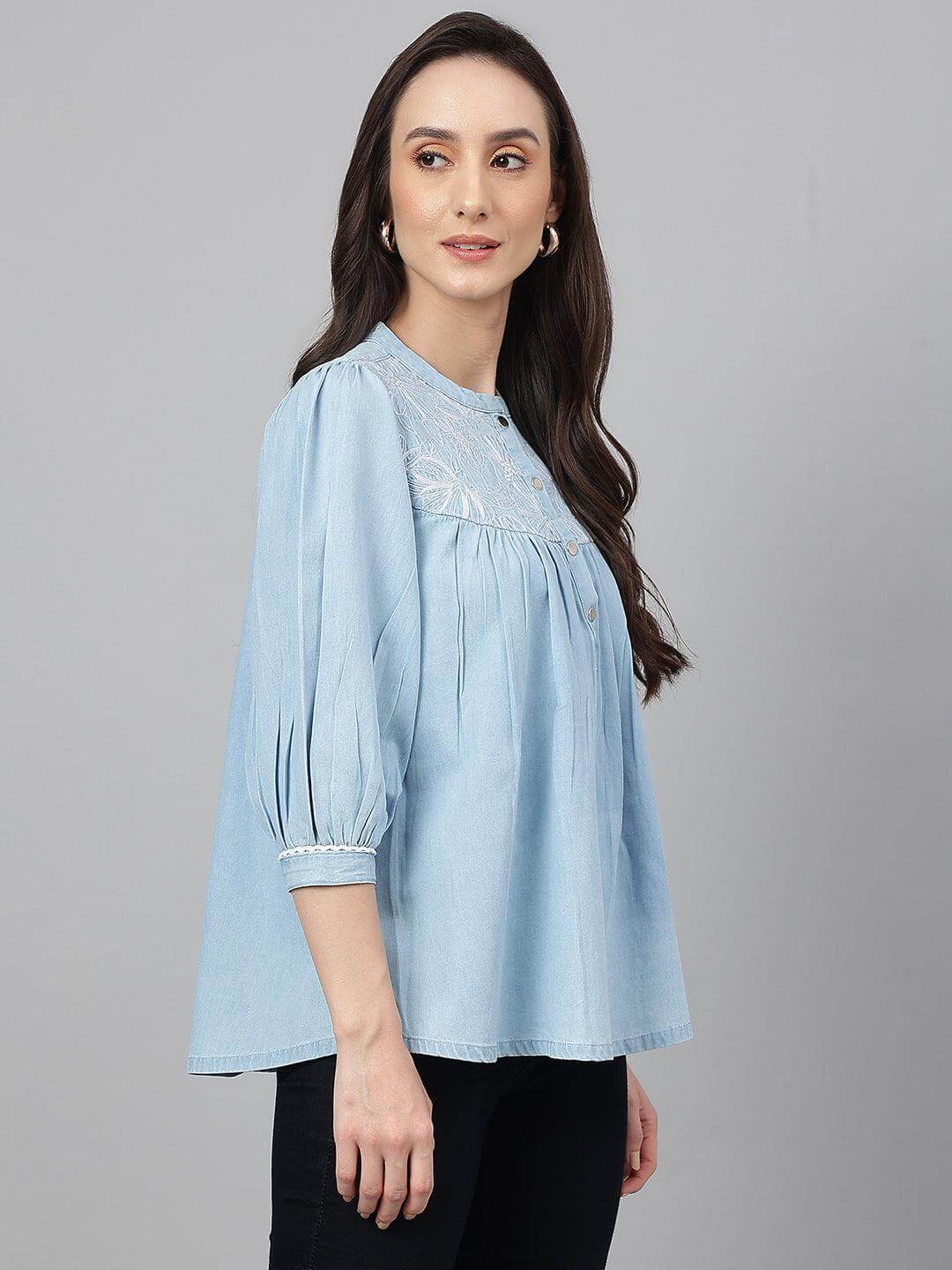 Light Blue Denim Embroidered Flared Top