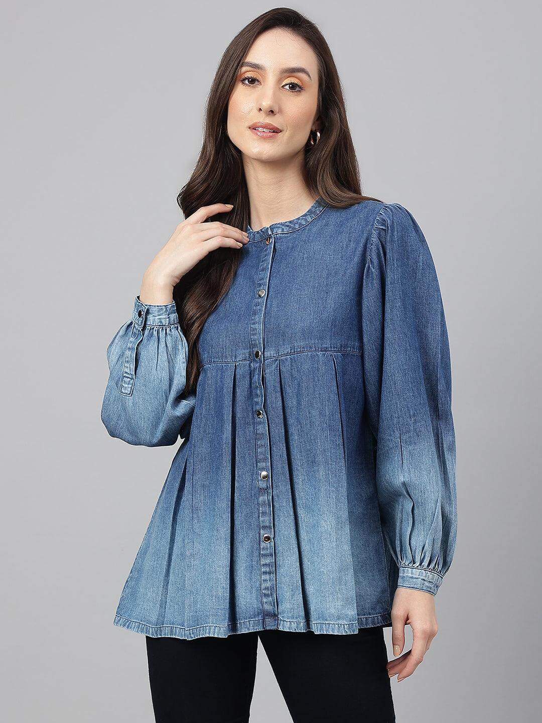 Blue Denim Faded Flared Top