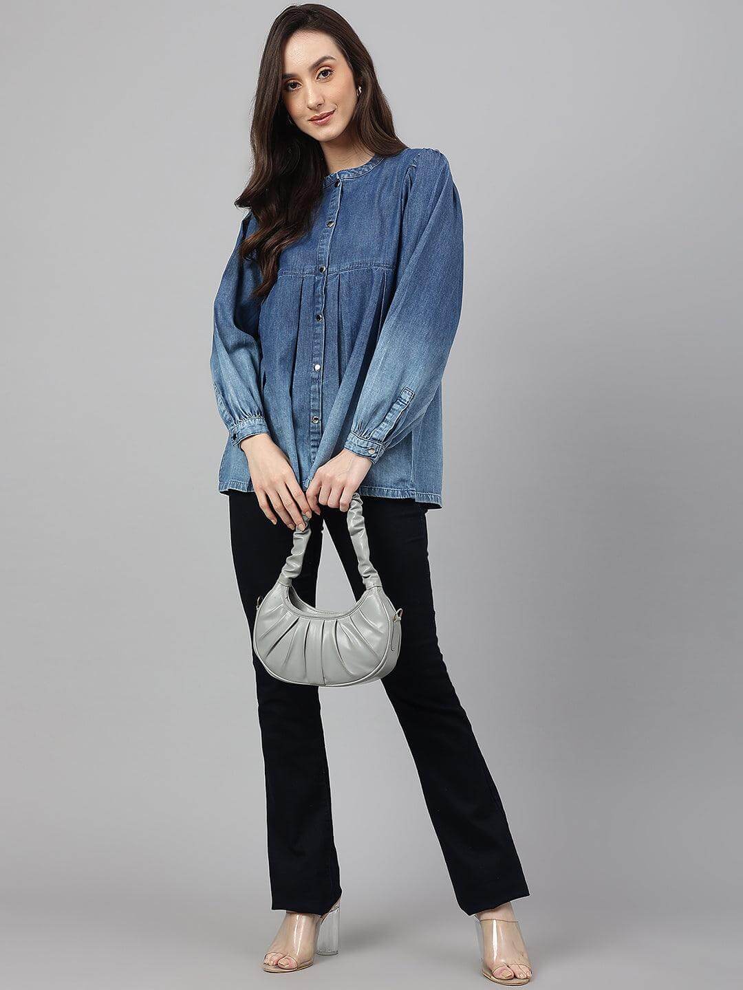 Blue Denim Faded Flared Top