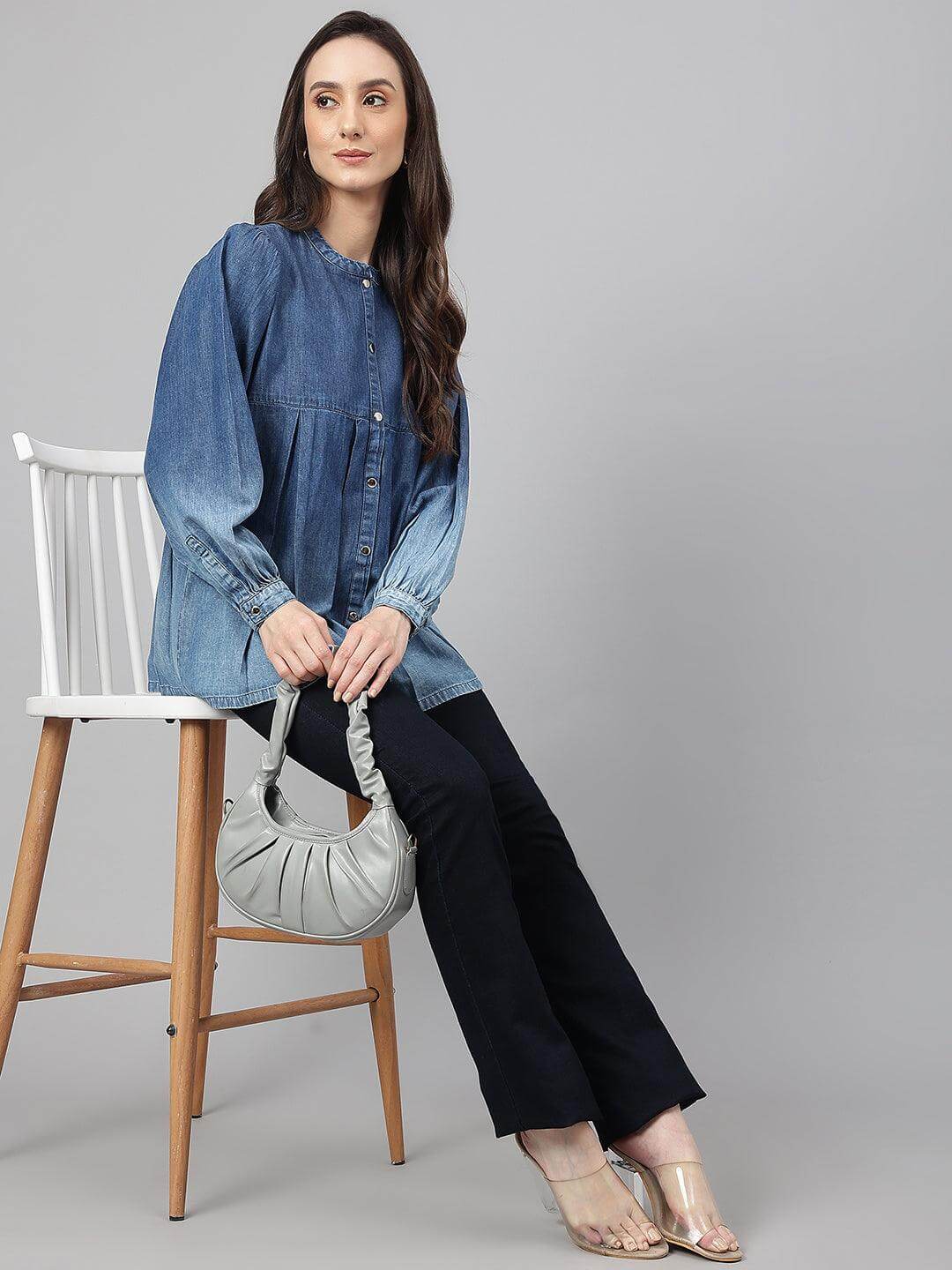 Blue Denim Faded Flared Top