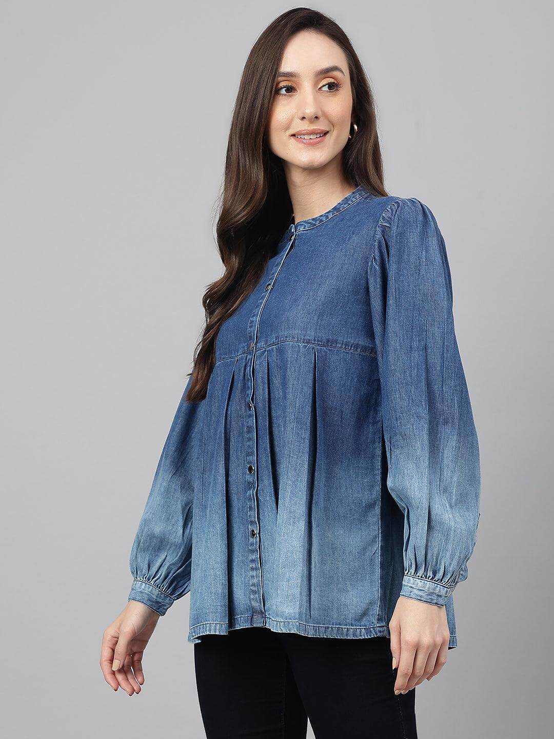 Blue Denim Faded Flared Top