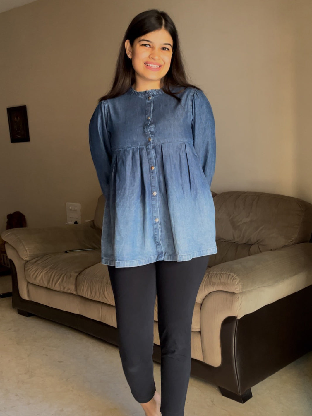 Blue Denim Faded Flared Top