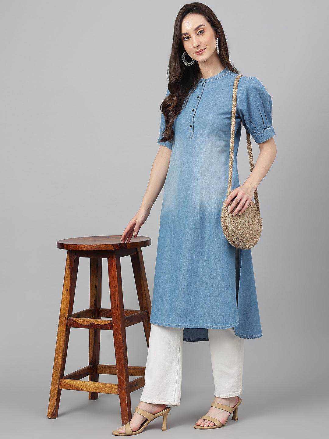 Light Blue Denim Solid High Low Kurta