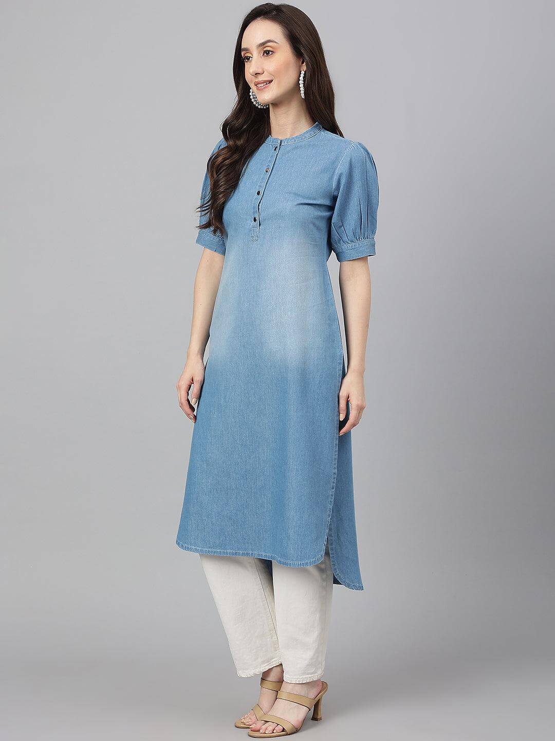 Light Blue Denim Solid High Low Kurta