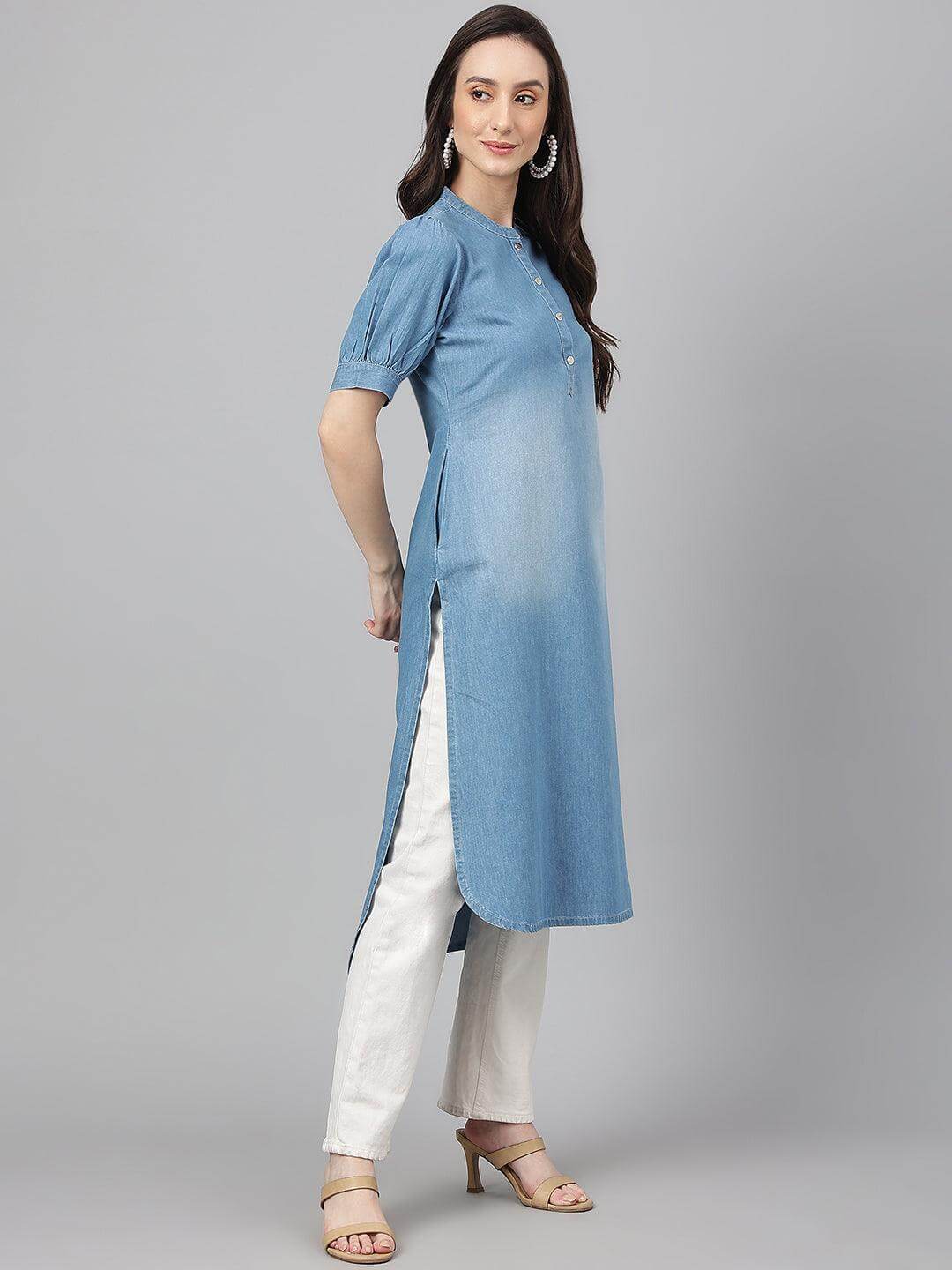 Light Blue Denim Solid High Low Kurta