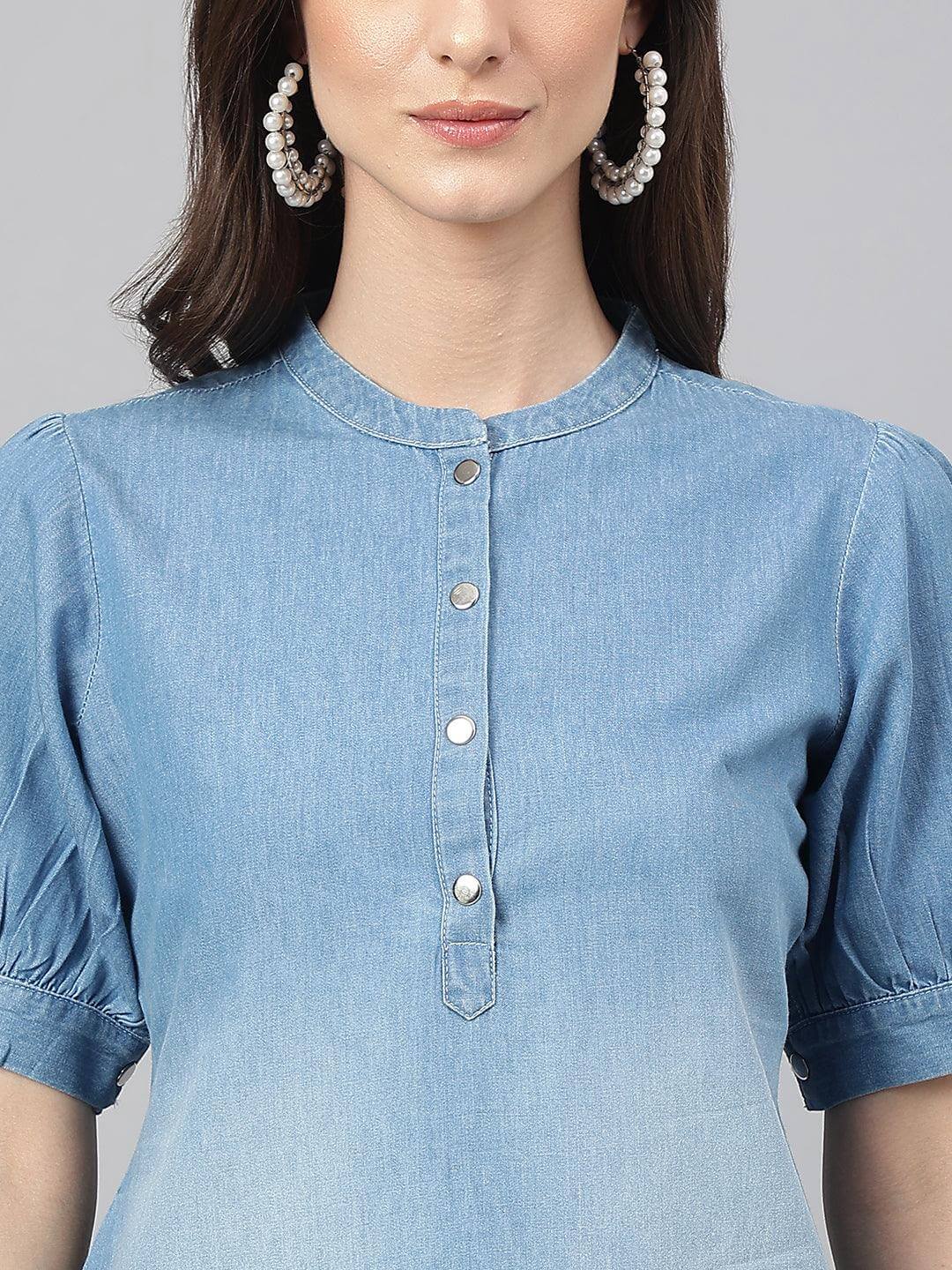 Light Blue Denim Solid High Low Kurta