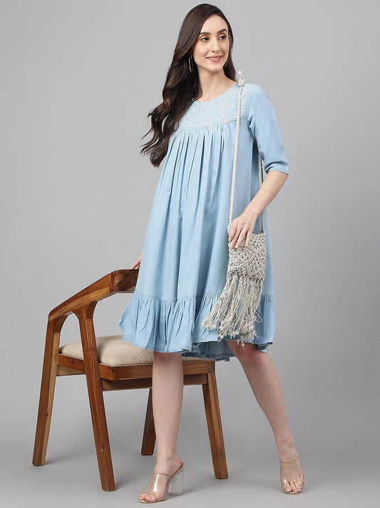 Light Blue Denim Solid Flared Western Dress