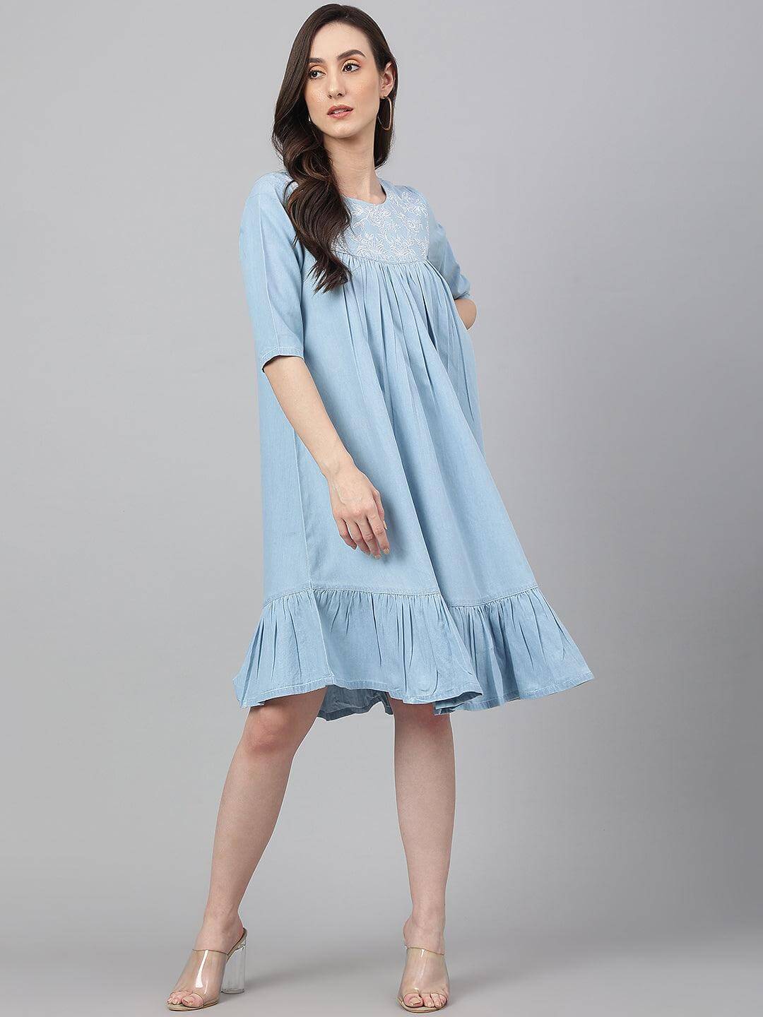 Light Blue Denim Solid Flared Western Dress