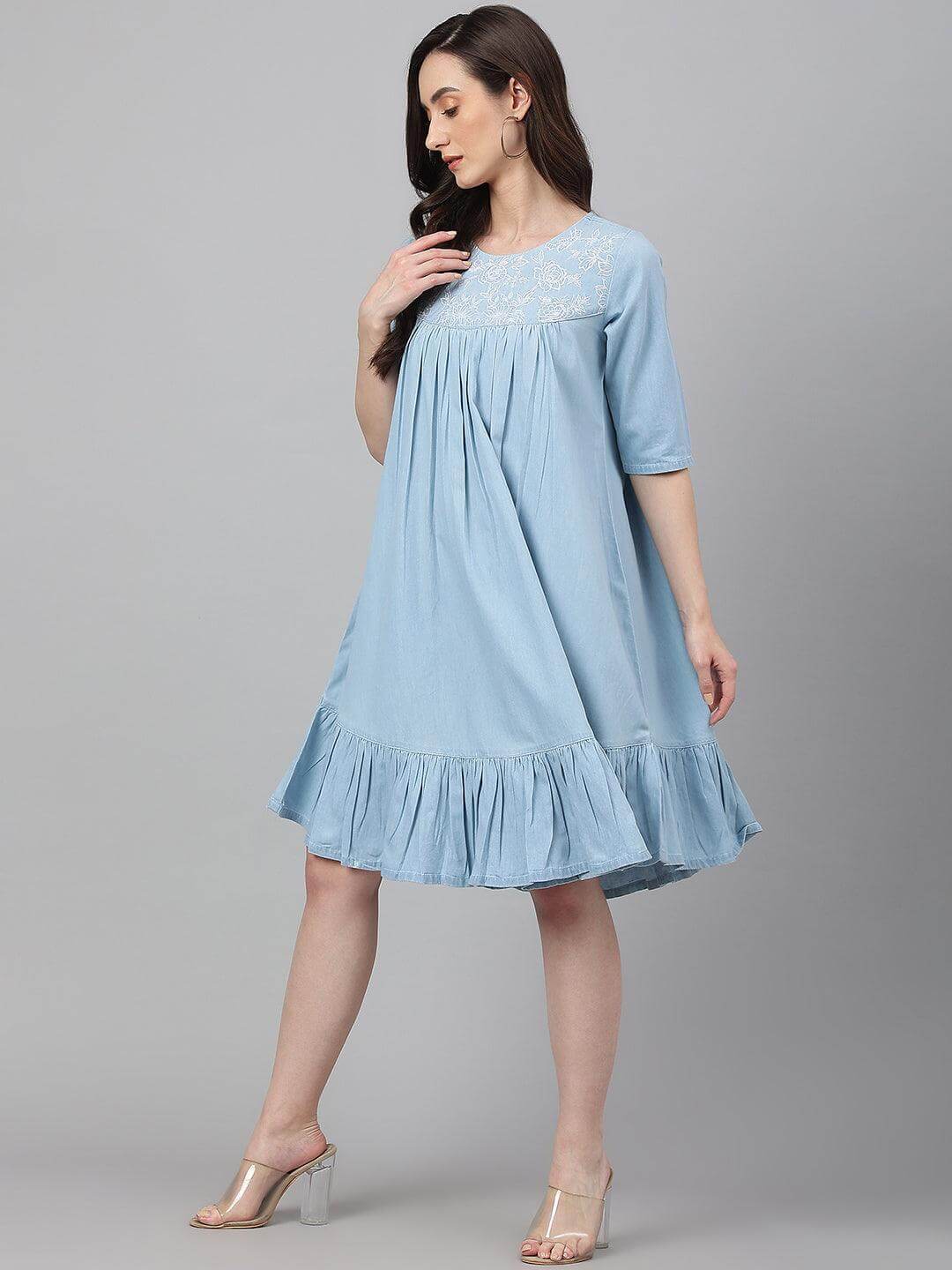 Light Blue Denim Solid Flared Western Dress