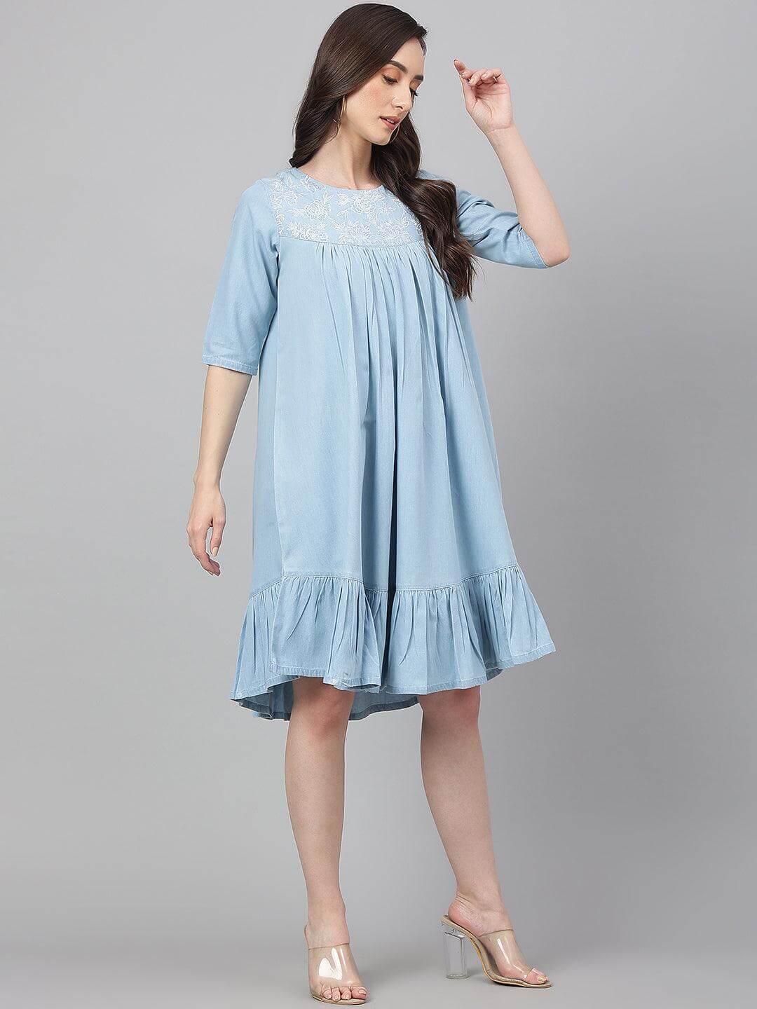 Light Blue Denim Solid Flared Western Dress