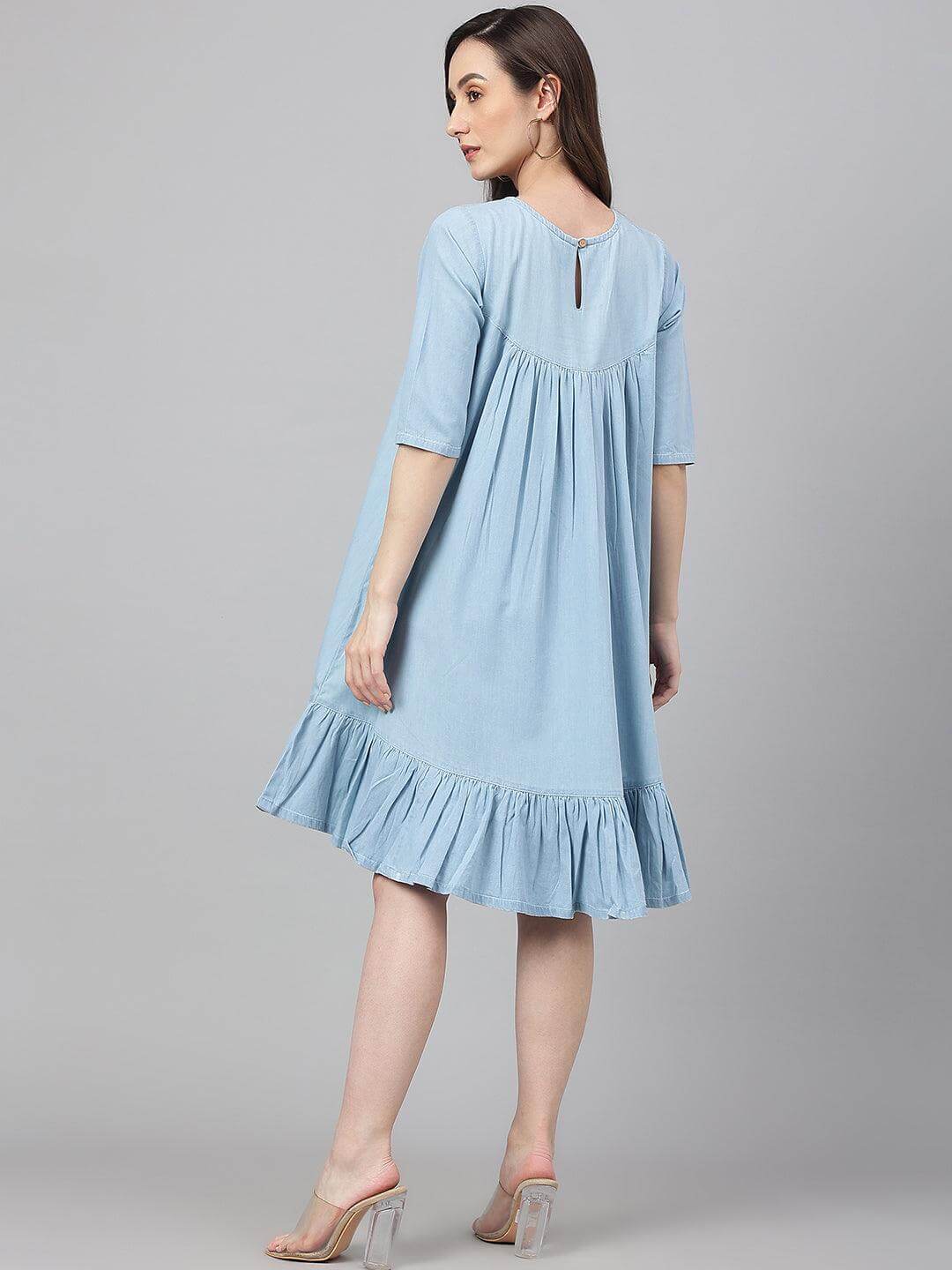 Light Blue Denim Solid Flared Western Dress