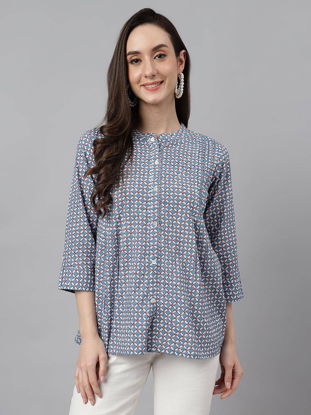 Blue Cotton Printed Regular Top