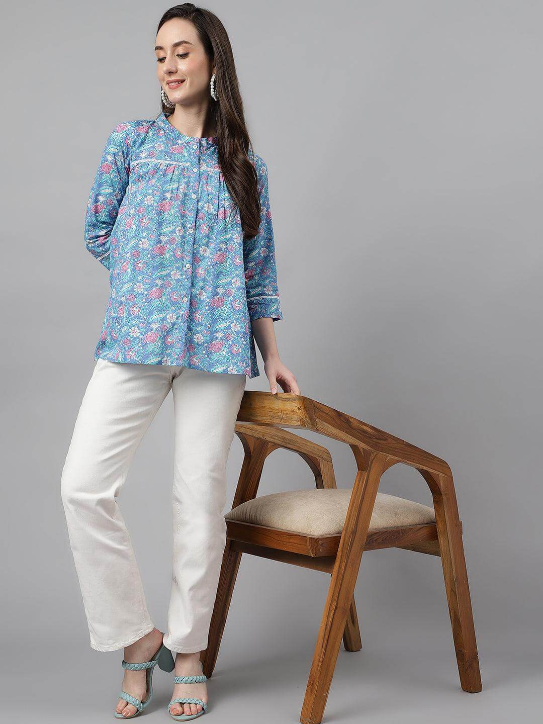 Women's Blue Cotton Botanical Print Empire Top