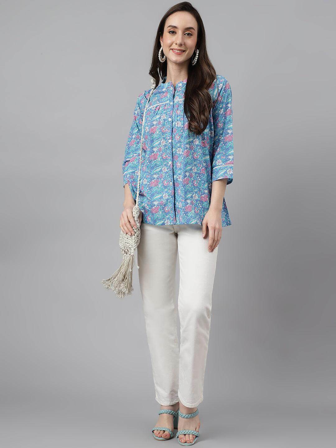 Women's Blue Cotton Botanical Print Empire Top