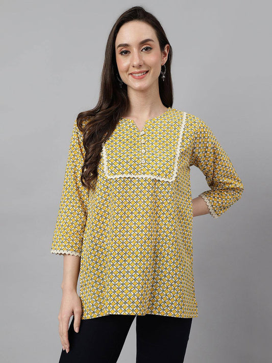 Mustard Cotton Ethnic Motifs Regular Top