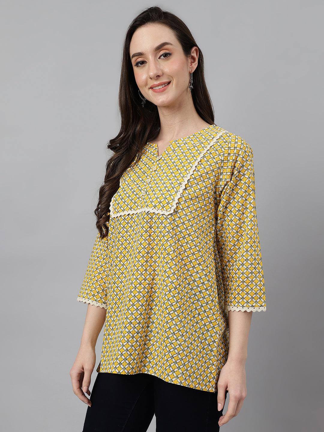 Mustard Cotton Ethnic Motifs Regular Top