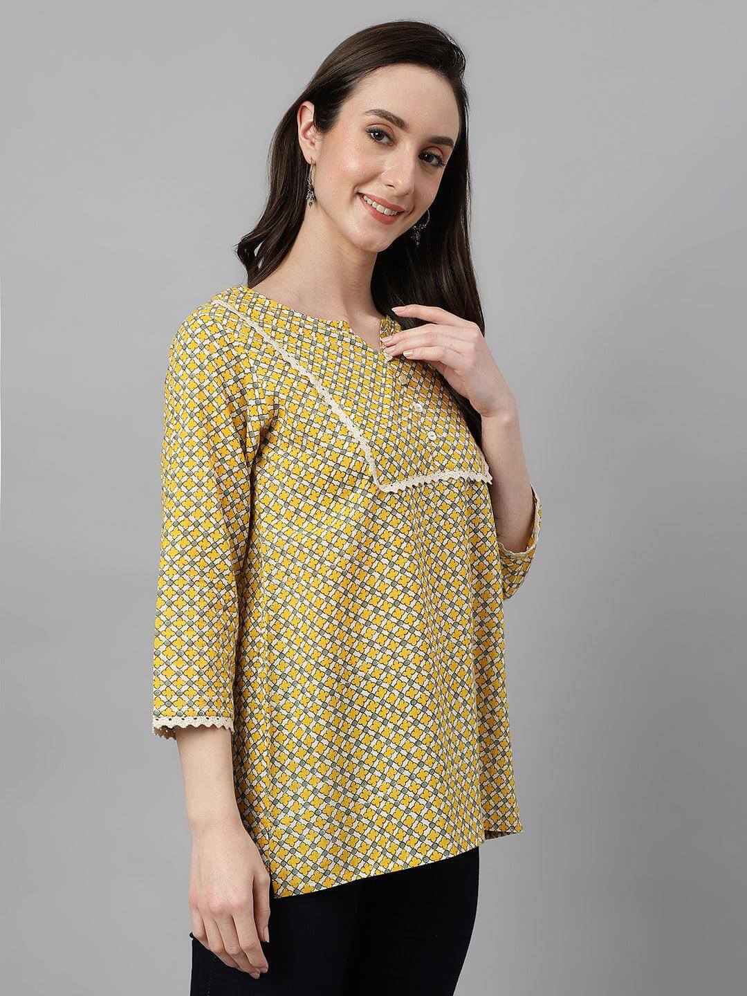 Mustard Cotton Ethnic Motifs Regular Top