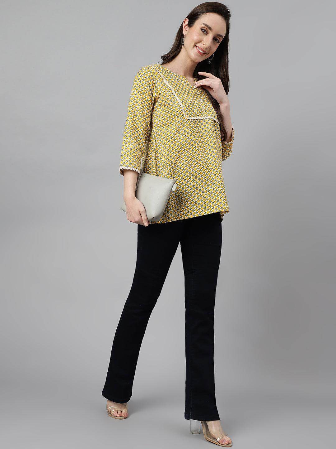 Mustard Cotton Ethnic Motifs Regular Top