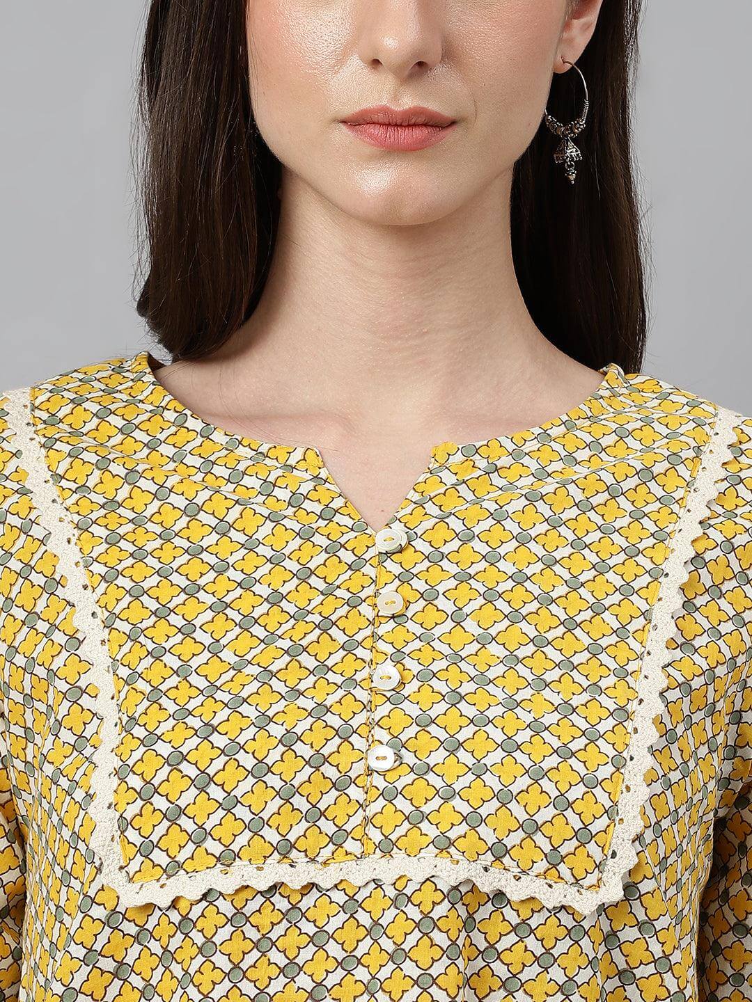 Mustard Cotton Ethnic Motifs Regular Top