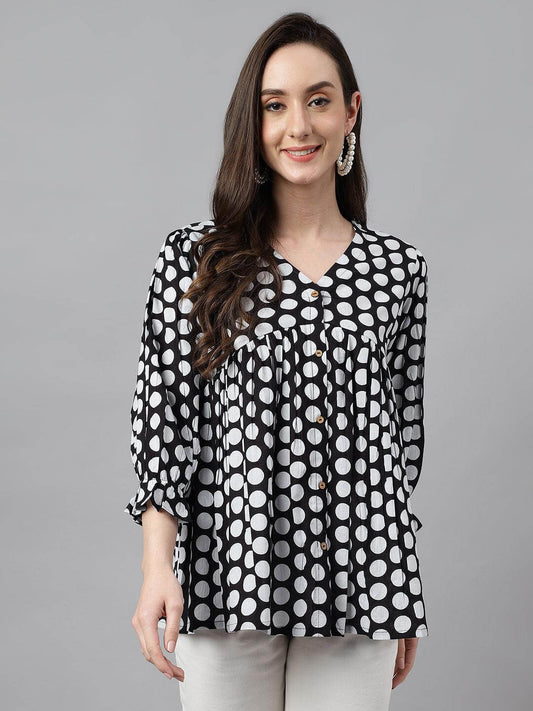 Women's Black Cotton Polka Print Peplum Top