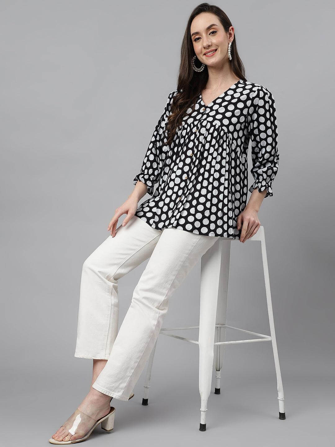 Women's Black Cotton Polka Print Peplum Top