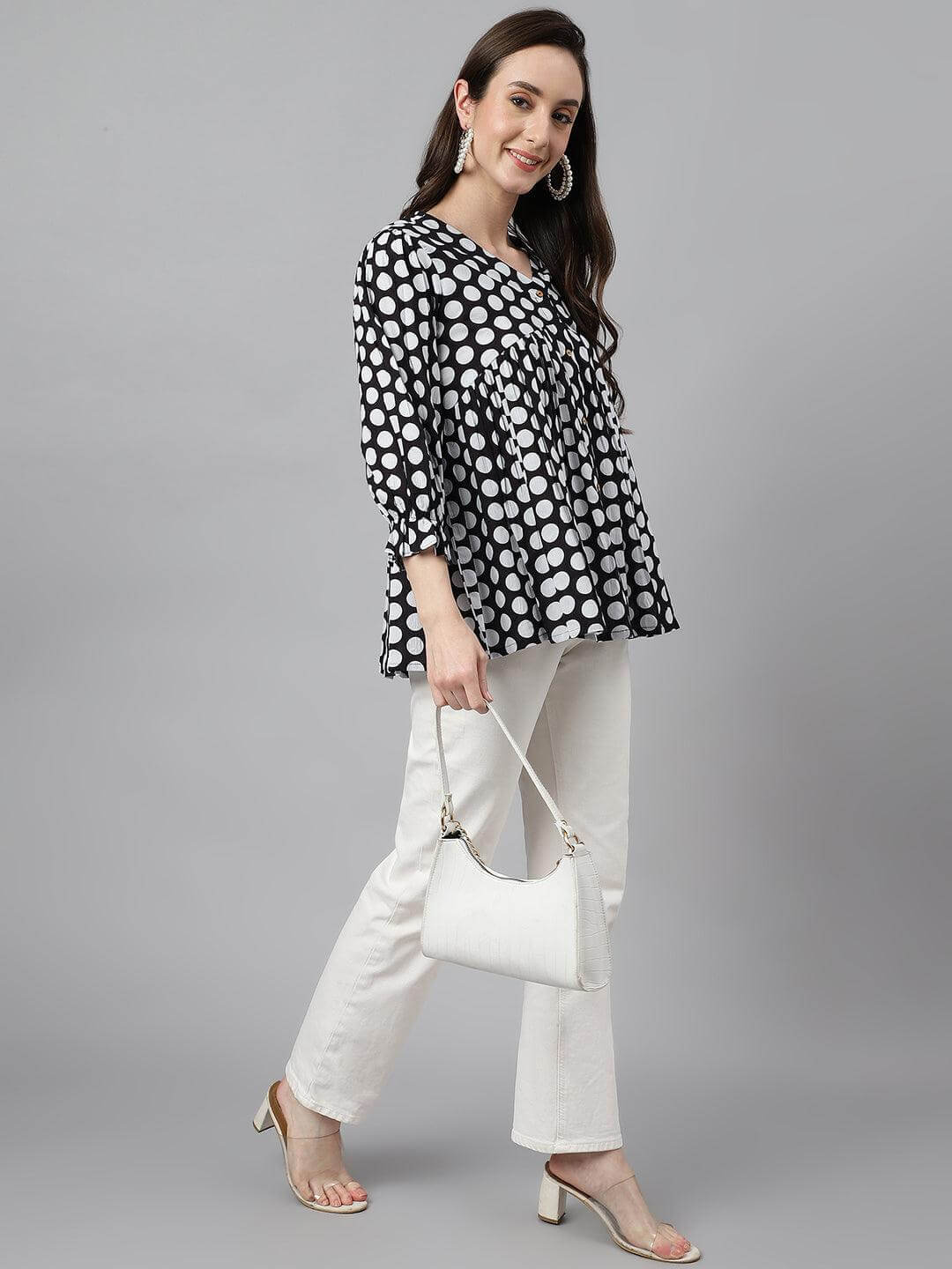 Women's Black Cotton Polka Print Peplum Top