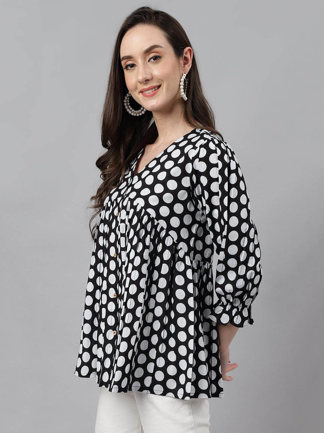 Women's Black Cotton Polka Print Peplum Top