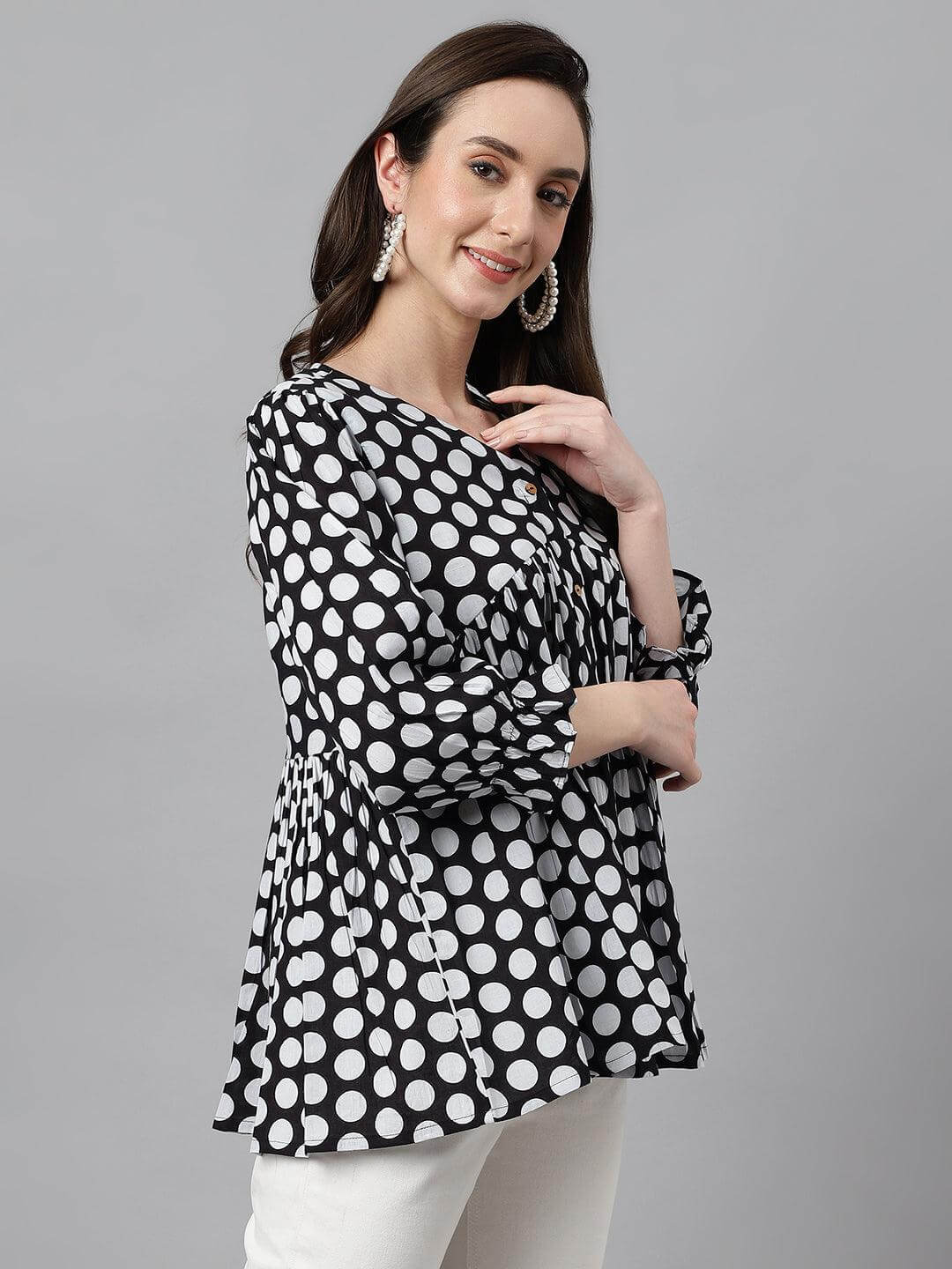 Women's Black Cotton Polka Print Peplum Top